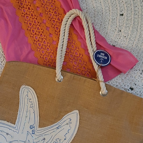 SALE NWOT LG BLUE WHITE STARFISH BEACH BURLAP BAG - Picture 11 of 16